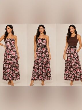 NWOT Convertble Strapless Floral Maxi Dress in Brown and Pink 1XL fits Xl